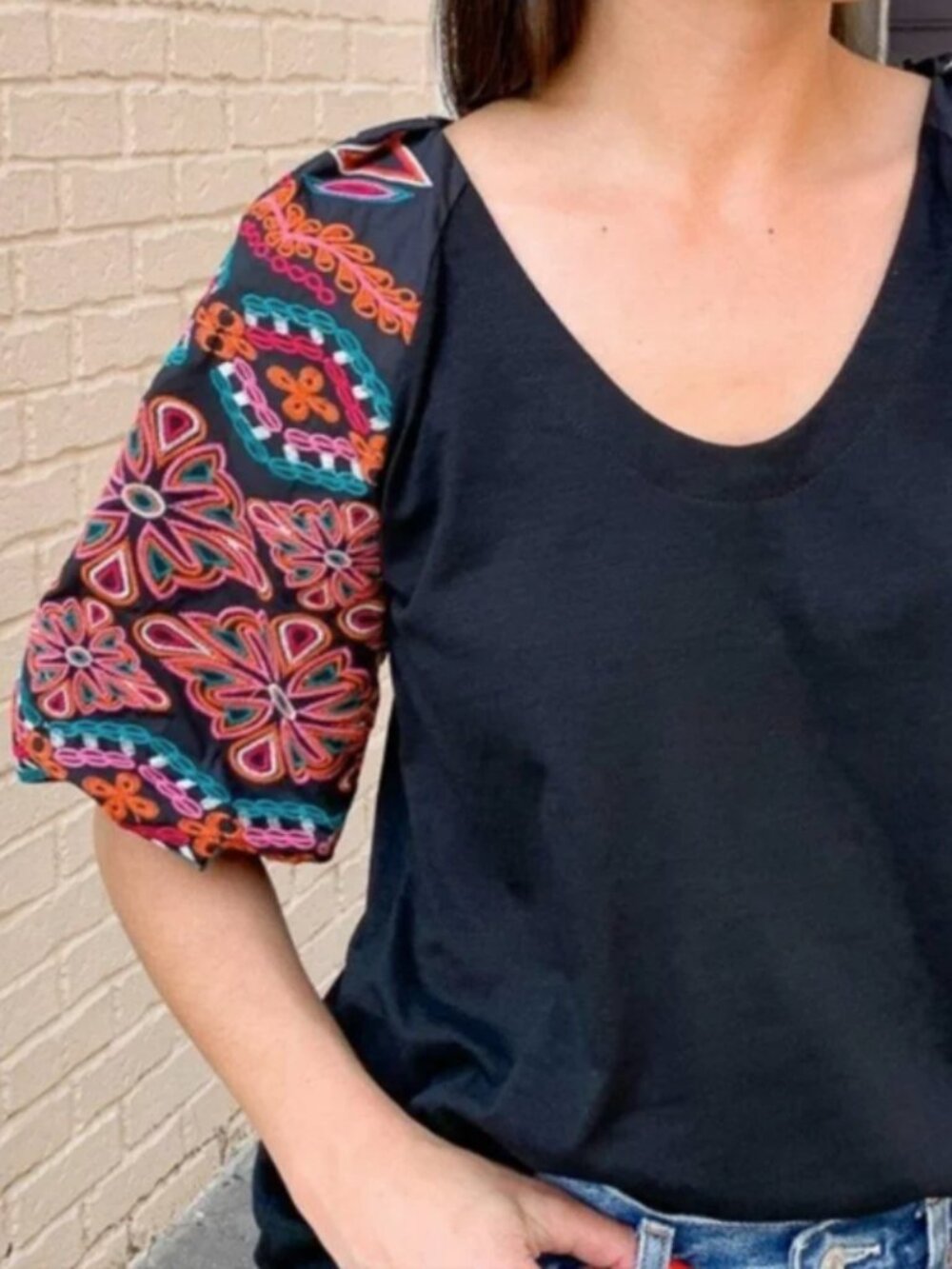 THML Black Embroidered Puff Sleeve Blouse Size Medium